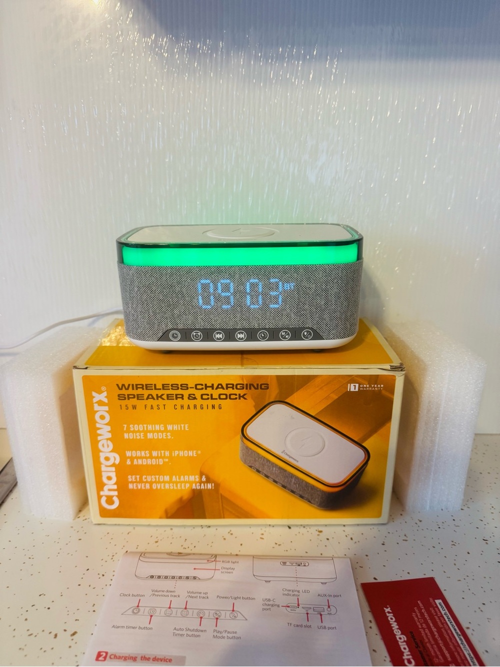 Chargeworx Wireless Charging Speaker Alarm Clock - Gray with Green Accent